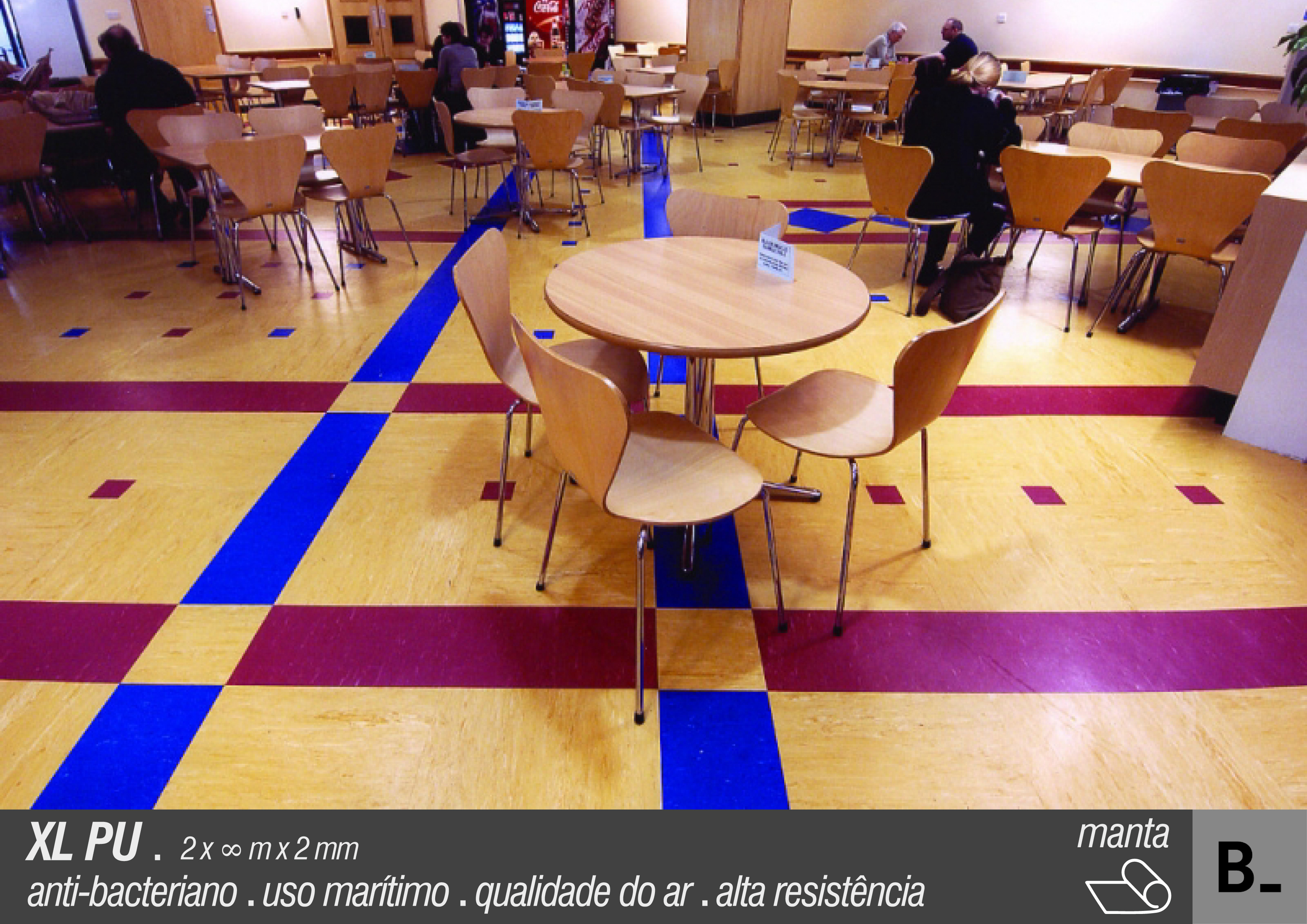 XL PU possui uma extensa gama de cores. De fácil manutenção, é ideal para locais com bastante movimentação como: complexos comerciais, hospitais, escolas, laboratórios, shopping centers e aeroportos.